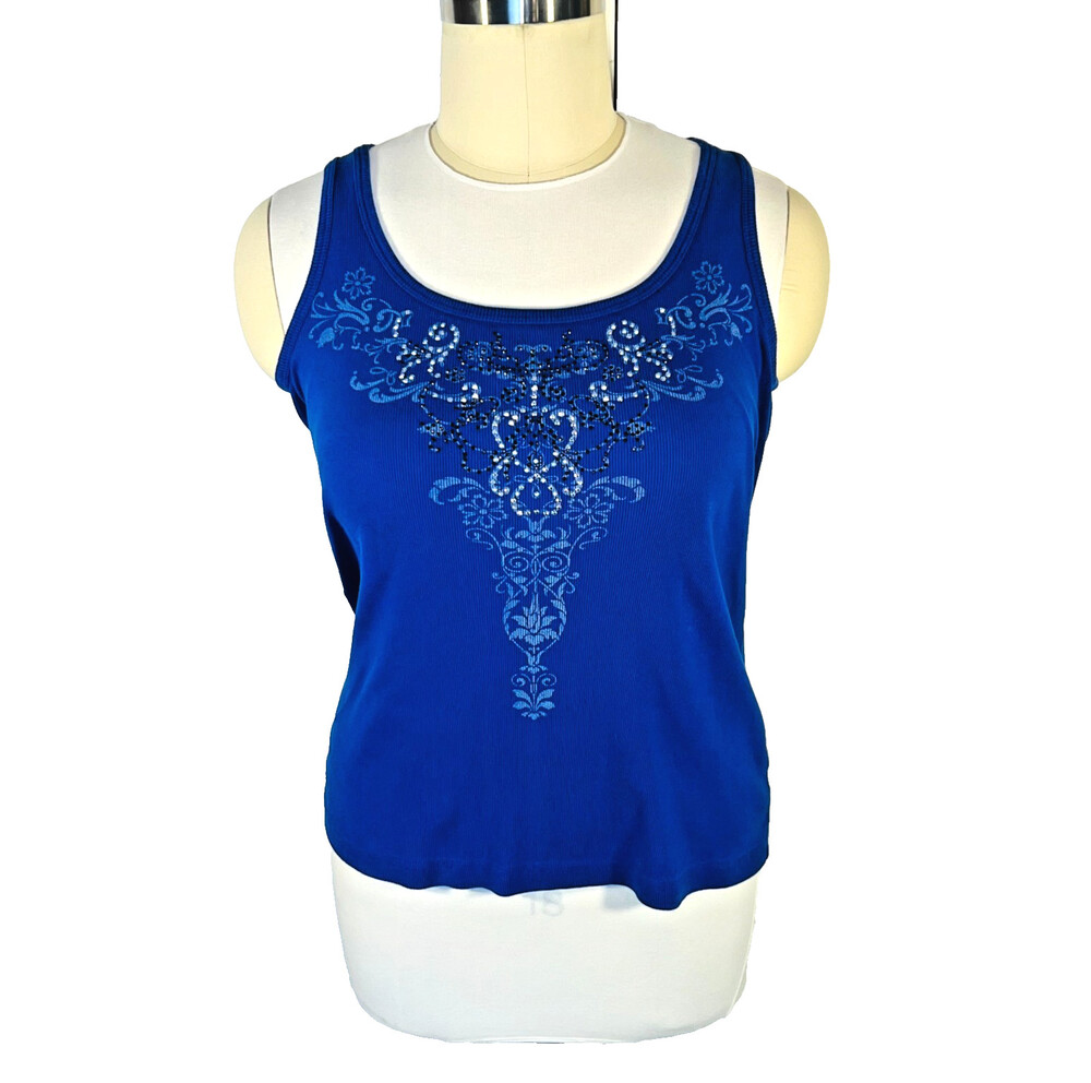 Lane Bryant - Women's 20 Tank Top Royal Blue Ribbed Jacquard Print Beaded Front